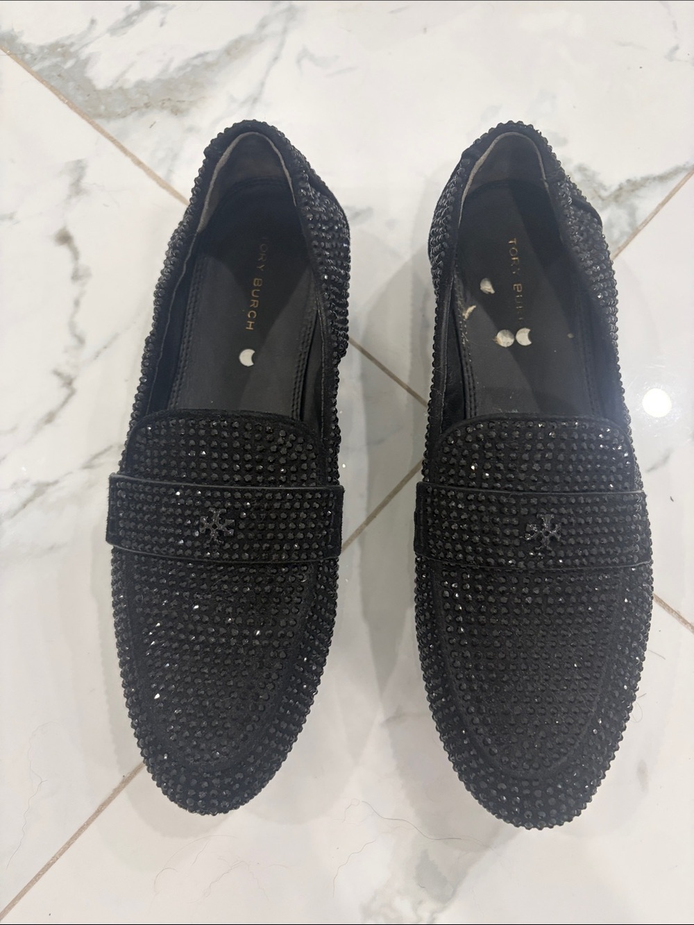 Tory Burch Women’s Black Leather Crystal-Embellished Loafers